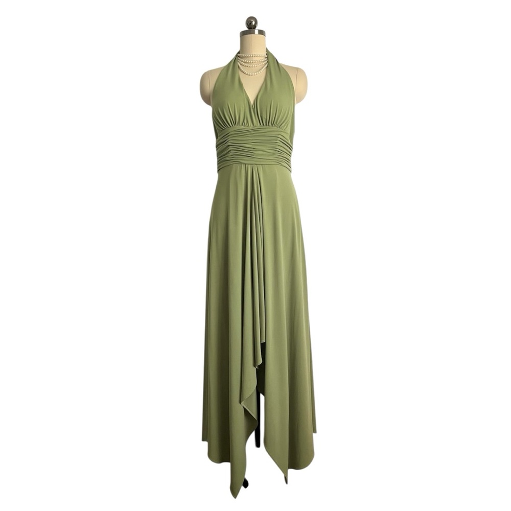 Alfred Angelo Women's Sage Green Backless Halter A-Line Highlow Dress Ruched